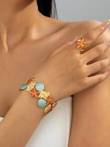 2pcs Ocean Starfish Shell Jewelry Set, Gradient Enamel Open Cuff Bracelet, Adjustable Ring, Beach Accessories - Colorful - View 12