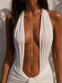 FAAABULS 1pc Women's Gold Pearl Body Chain, Elegant Water Drop Bead Chest Chain & Waist Chain Integrated Adjustable Bikini Necklace, Suitable For Beach Vacation, Pool Party - Pearl - View 1