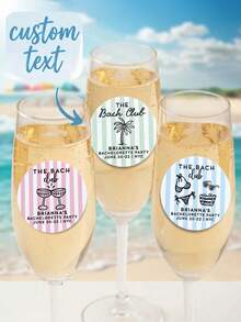 Personalized Custom Text Party Stickers, Circular Champagne Glass Labels, Beach-Themed Bridal Party Decorations, Custom Bach Party Small Gift Stickers. - Multicolor - View 2