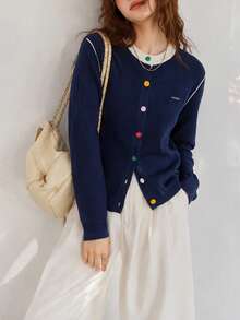 Jaket Sweater Rajut Cardigan Minimalis Kasual Musim Gugur/Dingin Wanita - Navy Blue - View 5