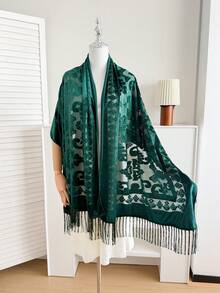 1pc Women's Velvet Jacquard Fringed Scarf, Women's Muslim Headscarf, Soft And Lightweight Shawl, Elegant Headscarf For Daily Travel, Fashionable Shawl - Multicolor - View 10