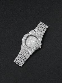 Men's Hip Hop Full Rhinestone Square Dial Calendar Quartz Watch + Hip Hop Full Rhinestone Bracelet, Boyfriend Gift (2pcs/Set) Watch Box Not Included - Silver - View 9