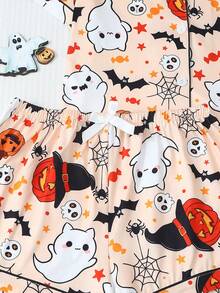 2pcs Halloween Ghost Bat Pumpkin Pattern Short Sleeve Collared Top And Bow Shorts Women's Pajama Set - Apricot - View 6