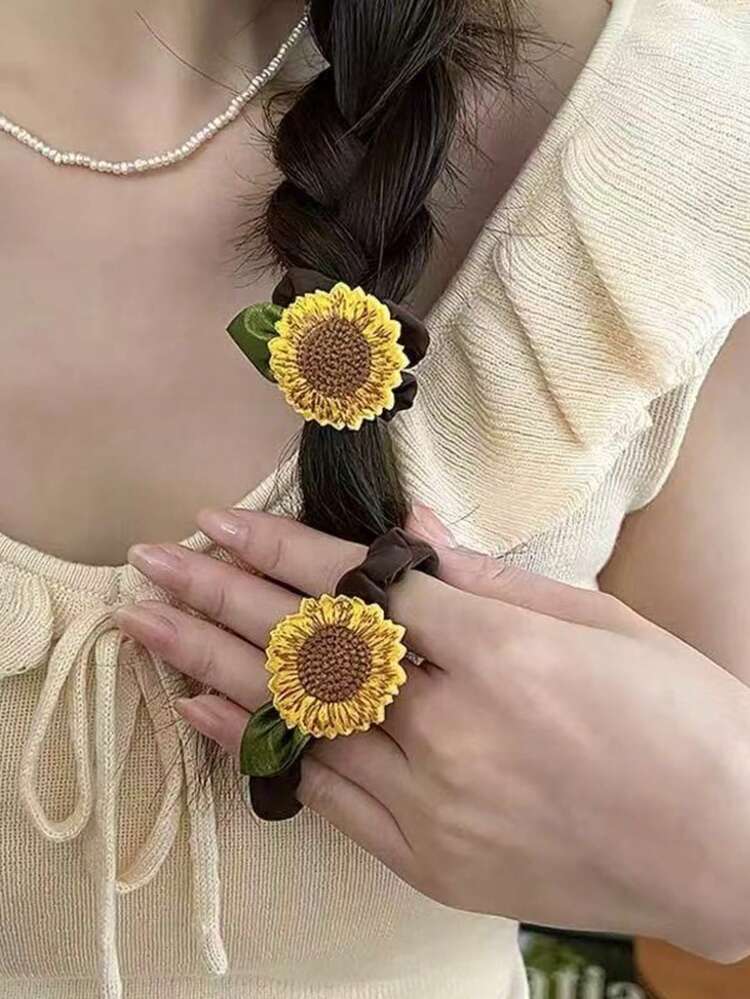 2pcs Sunflower Hair Ties, High Elasticity Hair Scrunchies, Suitable For Daily Wear - Multicolor - View 9