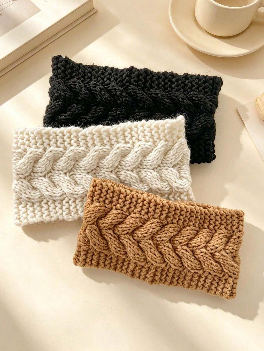 3pcs Women's Cable Knit Ear Warmer Headbands, Fashionable Minimalist Cable Knit Woolen Headbands Ear Warmers Elastic Handmade Hair Accessories Warm Autumn/Winter Headbands - Multicolor - View 1