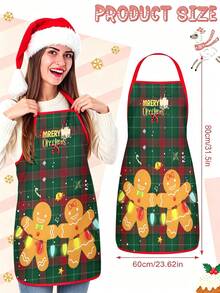 4Pcs Buffalo Plaid Christmas Kitchen Aprons Set, Santa Claus, Snowman, Gingerbread Man, Reindeer Printed Cooking Aprons, Cute Holiday Adjustable Chef Aprons For Home Baking BBQ Xmas Party Gift - Multicolor - View 3