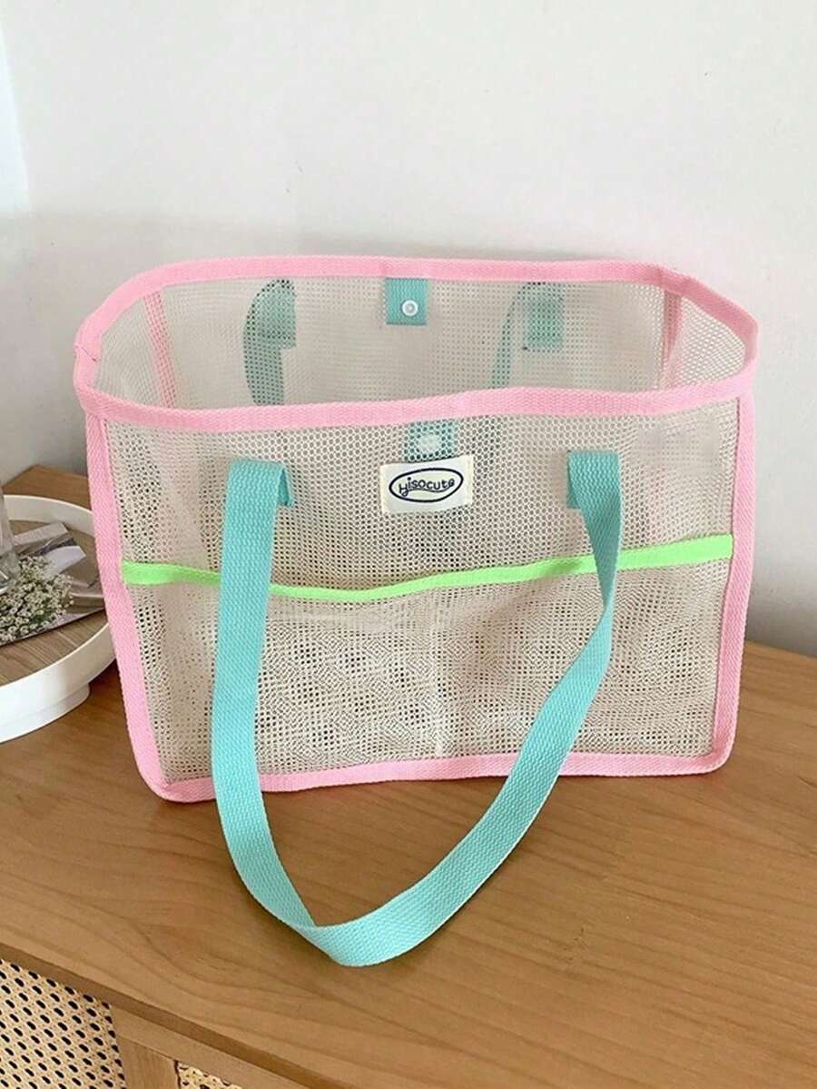 1 件女孩简约网眼手提包,大容量杂货购物袋,便携式露营零食收纳袋,透气夏季沙滩包,防水淋浴袋,适合学生 - 彩色 - 查看 1