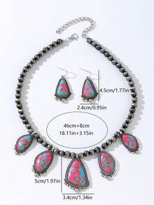 European & American Bohemian Vintage Exotic Style Colorful Turquoise Necklace & Teardrop Earrings Jewelry Set, Suitable For Outfit Matching, Daily Wear, Holiday Occasions - Pink - View 6