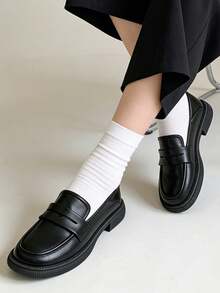 British Style Buckle Loafers PU Soft Leather Low Heel Casual Commute Minimalist Elegant Women's Shoes - Black - View 9