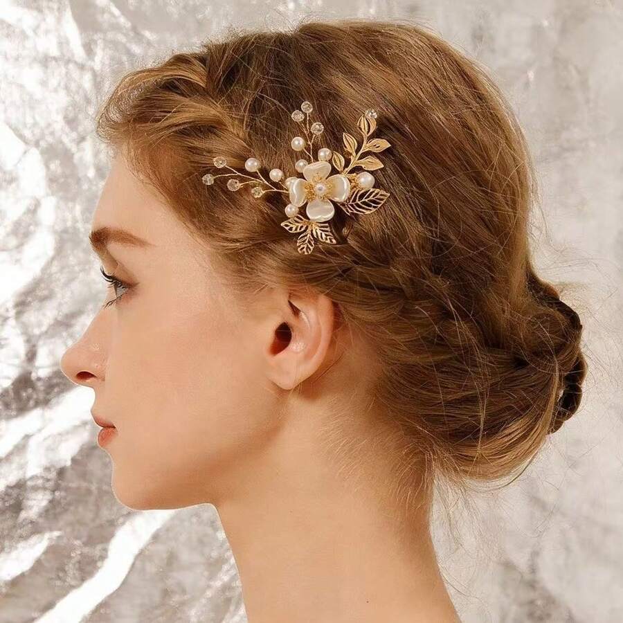 Bridal Vintage Handmade Faux Pearl Flower Hair Pin Elegant Xiuhe Bun Hair Accessory Gold Leaf U-Shaped Hair Pin - Multicolor - View 1
