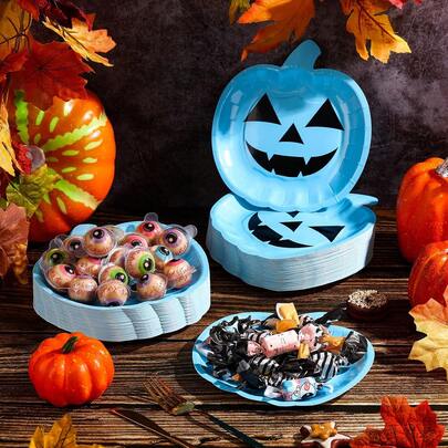 Halloween Pink Pumpkin Tray 23cm (9 Inch), Cute Cartoon Pumpkin Decorative Paper Plate, Disposable Farmhouse Food Tray For Dinner Dessert, Fall Holiday Birthday Thanksgiving Party Supplies