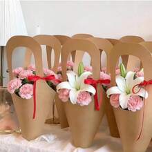 Kraft Paper Flower Packaging Bag With Handle, Cone-Shaped Bouquet Wrapping Paper Bag, Portable Flower Shop Packaging Paper Bag, Suitable For Wedding, Birthday, Party And Christmas Decoration, Christmas Home Decor, Halloween Decoration And Christmas Gifts - Light Yellow - View 2