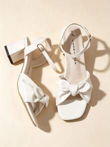 Women's Elegant White Bow Square Toe Chunky Heel Open Toe Slingback Buckle Sandals Wedding Shoes Bridesmaid Shoes Party Banquet Daily Versatile Women's Shoes - White - View 8