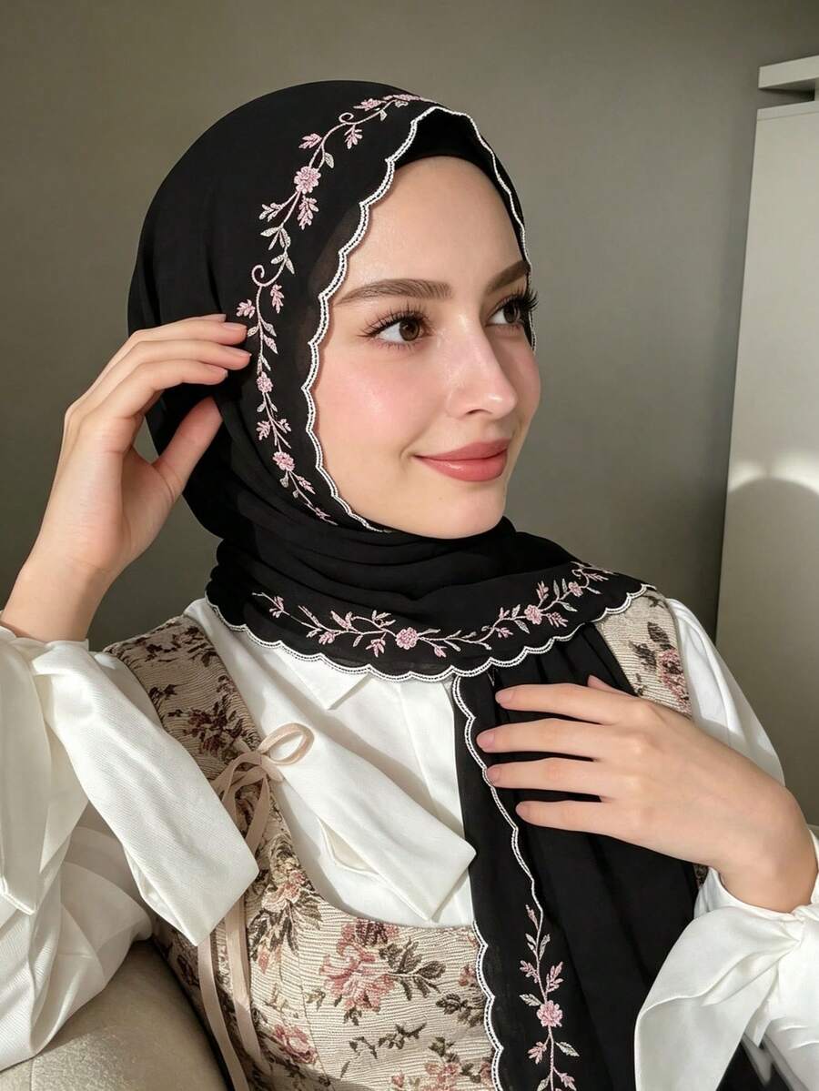1PC Women's Solid Color Embroidered Lace Long Scarf, Summer Lightweight Versatile Breathable Skin-Friendly Scarf, Fully Hemmed Embroidered Edging, Soft Drape High-End, Suitable For Daily Wear