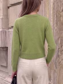 Women's Green Military Style Knitted Cardigan Sweater, Gold Buttons, Long Sleeve High Elasticity Pullover, Suitable For Autumn/Winter Wear - Green - View 6