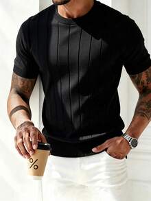 Men's Casual Minimalist Solid Color Short Sleeve Knit Top - Black - View 1