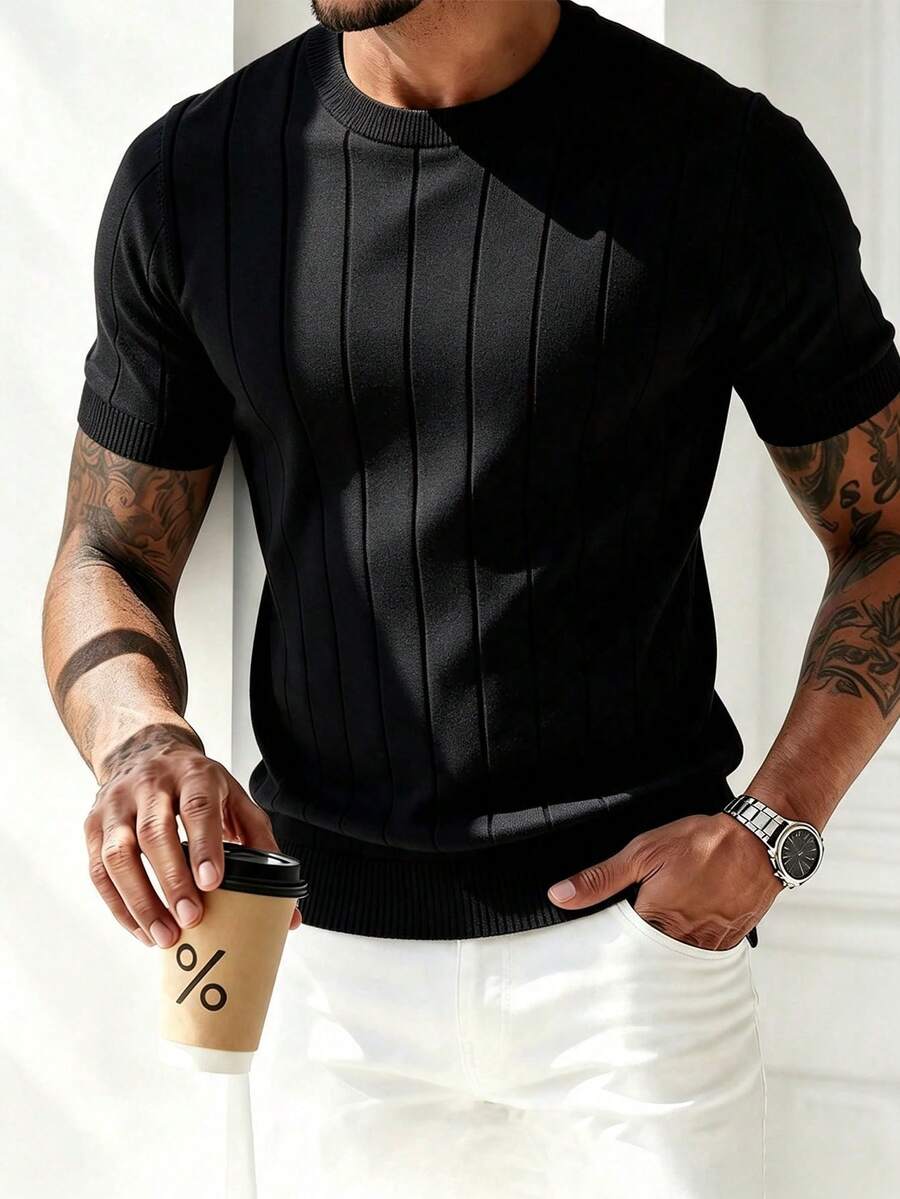Men's Casual Minimalist Solid Color Short Sleeve Knit Top - Black - View 1