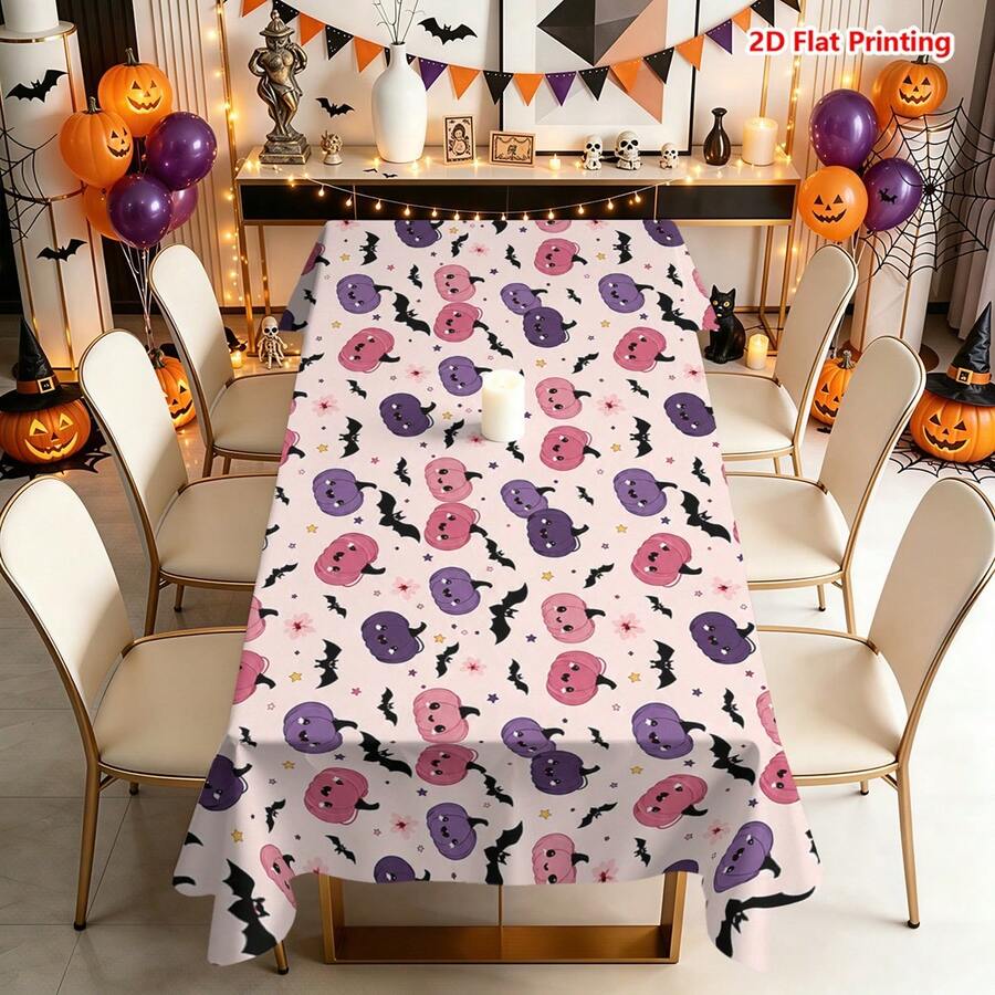 1/2pcs Halloween Tablecloth, Cute Pumpkin Bat Star Flower Pattern Polyester Tablecloth, Suitable For Kitchen Dining Room Coffee Table Dining Table Picnic Camping Country Farmhouse Decor Tabletop Protection Holiday Arrangement - Multicolor - View 1