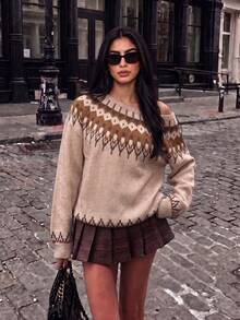 Women's Vintage Brown Fair Isle Knit Sweatshirt, Long Sleeve Crew Neck Asymmetrical Shoulder Pullover, Fall Clothes For Women, Vacation Outfits Women, Fall Outfit For Women, Fall Style, Halloween, Sweaters N - Multicolor - View 3