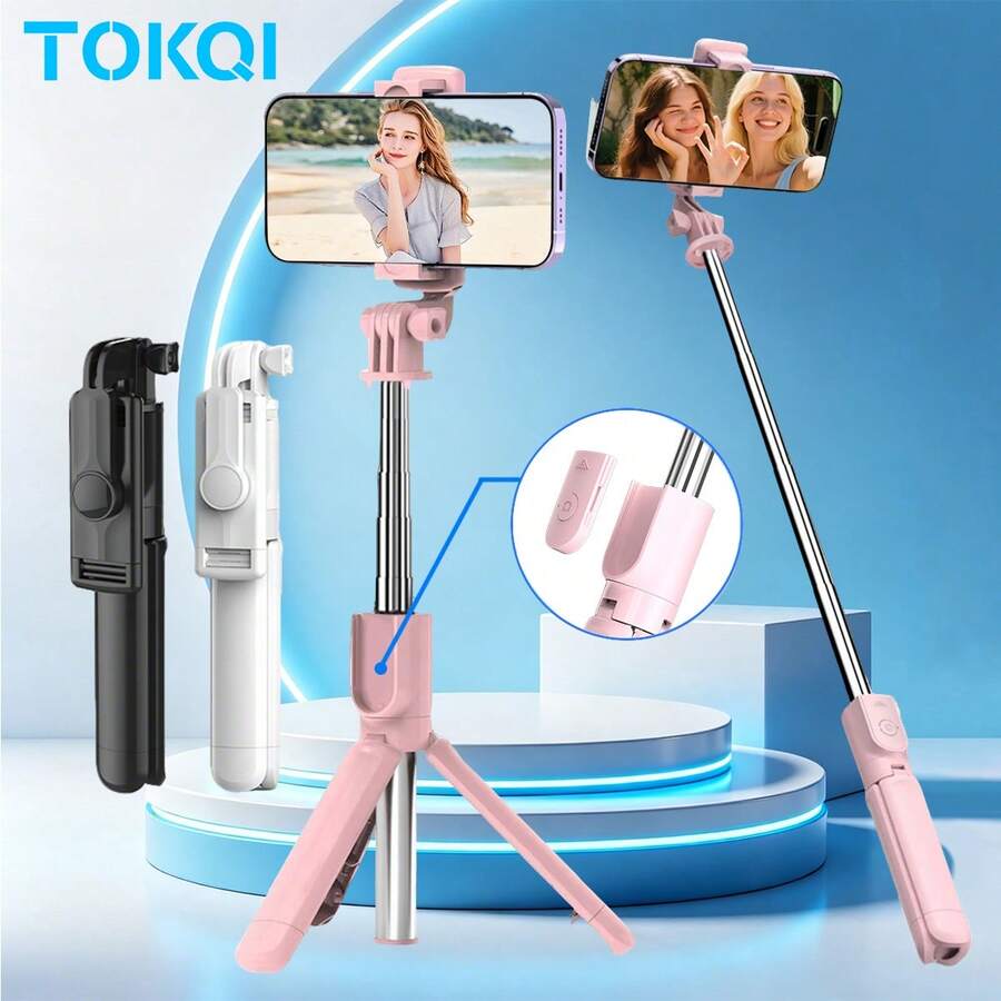 TOKQI Adjustable Phone Stand With 360° Rotating Base, Bluetooth Selfie Stick Tripod, Wireless Remote Control, Compatible With IOS And Android Smartphones, Portable, Suitable For Live Streaming, Vlog, Travel, Outdoor, Party, Home Photography - View 1