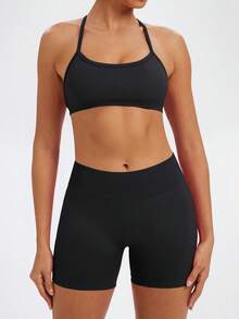 2 Pcs Set For Woman Clothes Seamless Scrunch Yoga Shorts Set Backless Sports Bra Fitness Workout Top Gym Set Black - Black - View 7