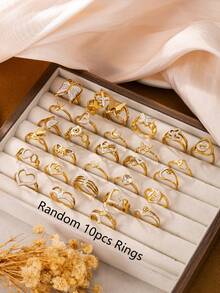 3/6/10/15/20/30pcs European And American Luxury Style Stainless Steel Gold Ring Set, Rhinestone Heart And Butterfly Design, Suitable For Women's Daily, Holiday, Date, Engagement, Wedding Wear - Gold - View 9