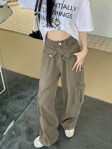 Celana Kargo Gaya Jalanan Amerika untuk Wanita, Musim Panas, Vintage, Pinggang Tinggi, Potongan Lurus, Jeans Denim - Coffee Brown - View 2