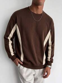 Men's Autumn/Winter Five-Star Print Colorblock Long Sleeve T-Shirt, Retro Football Style Casual Pullover - Brown - View 4
