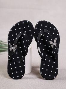 A Pair Of Girls' Polka Dot Butterfly Flip-Flops, Kids' Summer Toe-Post Sandals, Suitable For Daily Leisure And Beach Vacation Scenarios - Black - View 5