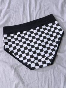1pc Women's Mid-Waist Pure Cotton Comfortable Breathable Plaid Triangle Panties - Black - View 2