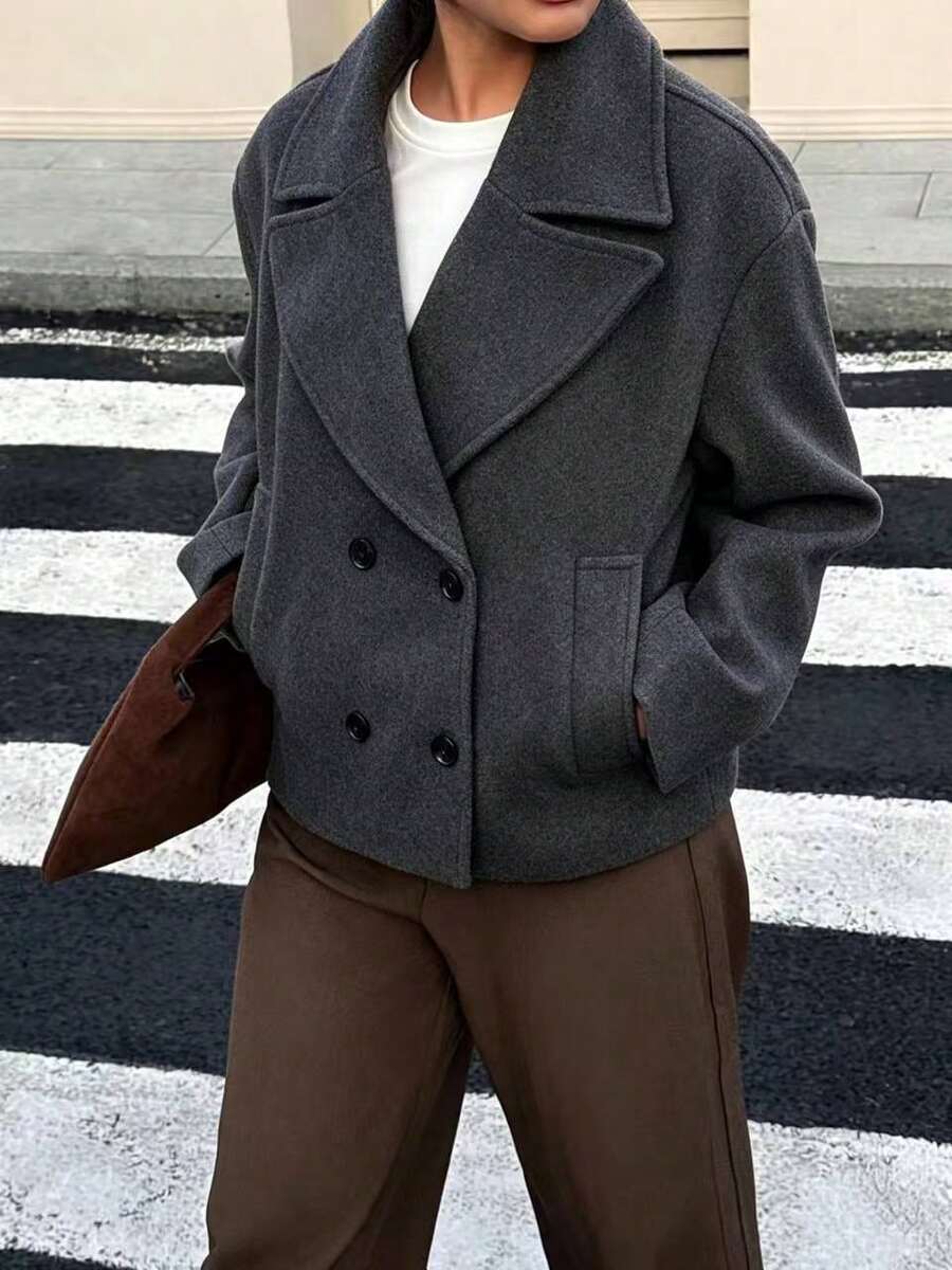 Seelio 女士秋冬双排扣翻领短款大衣,休闲简约外套 - 黑灰色 - 查看 1