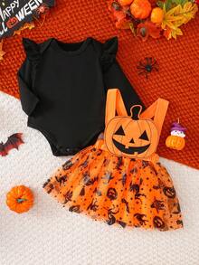 Halloween Baby Girl Spring/Autumn Party Cartoon Pumpkin Mesh Full Print Embroidered Long Sleeve Bodysuit + Skirt 2pcs Set - Orange - View 1
