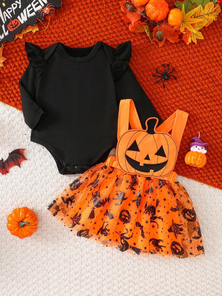 Halloween Baby Girl Spring/Autumn Party Cartoon Pumpkin Mesh Full Print Embroidered Long Sleeve Bodysuit + Skirt 2pcs Set - Orange - View 1