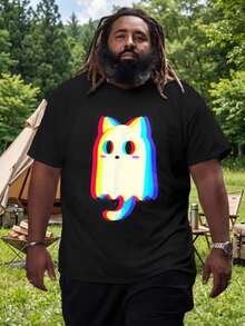1 T-Shirt à Manches Courtes Avec Col Rond Et Imprimé Graphique De Chat Fantôme Arc-En-Ciel, 100% Coton. - 黑色 - 查看 8