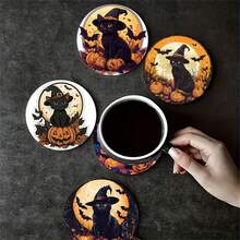 6pcs/Set Or 420pcs/70sets Halloween Series Full Moon Witch Hat Black Cat Pattern Printed Beverage Coasters, 10cm/2mm Thick Rubber Soft Bottom Round Absorbent Rubber Beverage Coasters, Soft Rubber Backing, Decorative Coasters, Suitable For Cups, Home Kitchen Dining Table Decoration Mats, Decorative Coasters, Kitchen Decoration, Dining Table Decoration - Multicolor - View 6