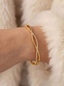 1/3pcs 18K Gold Plated Jewelry Set, Infinity Cuff Ring & White Enamel Link Chain Bracelet, Versatile Daily Wear - Gold - View 5