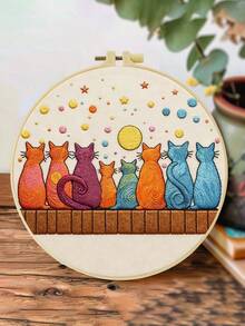 1PC 20*20cm/7.9*7.9in,The Cat In The Forest Embroidery Kit, DIY Handmade Embroidery Set For Adult Beginners, Home Gift, Women's Sewing Gift, Including User Manual, Printed Pattern Fabric, Embroidery Frame, Needle And Thread. - Forest Cat - View 8
