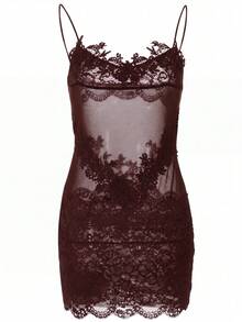女款性感蕾絲網紗透視迷你洋裝，適合派對、夜店、外出、度假，春/夏穿著 - 棕色 - 查看 5