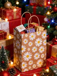 1/6/12pcs Daisy Pattern Kraft Paper Gift Bags With Handles, Floral Style, Suitable For Summer, Ideal For Party Favors, Weddings, Birthdays - Multicolor - View 8