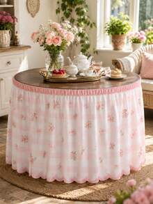 1pc Pink Plaid Print Lace Table Skirt, Fresh Polyester Rectangular Dining Table Apron, Perfect Pleated Tablecloth, Suitable For Camping, Autumn Decor And Party Decoration - Multicolor - View 7