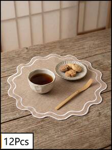 1pc Brown Base White Edge Wavy Shape Placemat, Natural Wabi-Sabi Style Fabric Material, Round Wavy Edge With Blue Binding Detail Decoration, Stain-Resistant Tabletop Protection, Functional Dining Table Decor, Suitable For Daily Tea Ceremony And Minimalist Home Decor - Brown - View 11