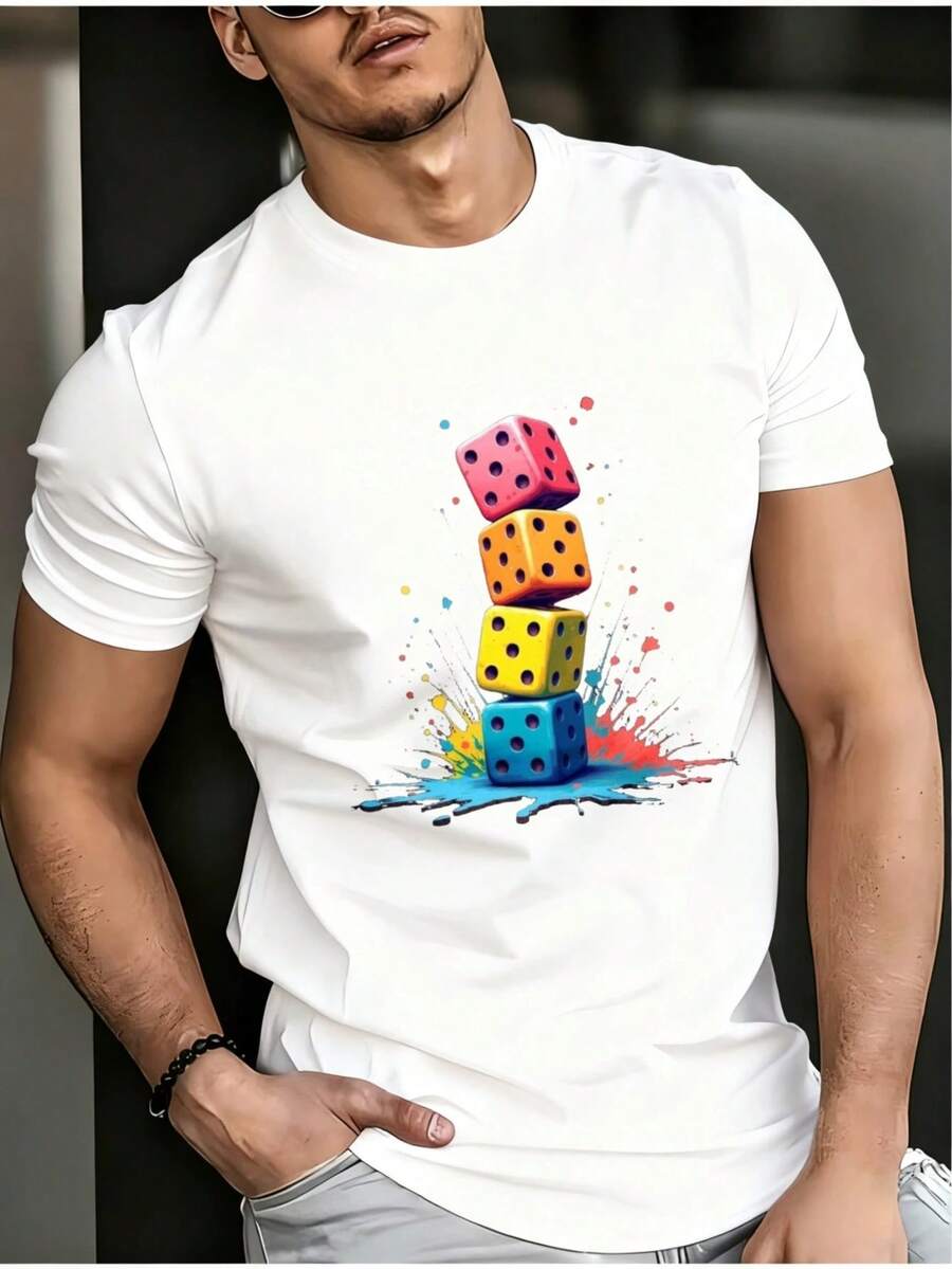 Colorful Dice Patterns Combined With A Paint Splatter Design, A Casual Cotton T-Shirt For All Seasons, Round Neck. - 白色 - 查看 1