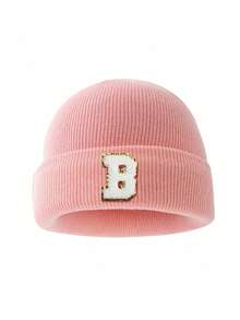 1pc Personalized Children's Knitted Hat, 26 Letters, Minimalist Solid Color, Versatile For Boys And Girls, Suitable For 3-8 Years Old, Daily Wear, Autumn/Winter - Pink - View 5