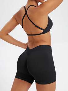 2 Pcs Set For Woman Clothes Seamless Scrunch Yoga Shorts Set Backless Sports Bra Fitness Workout Top Gym Set Black - Black - View 10