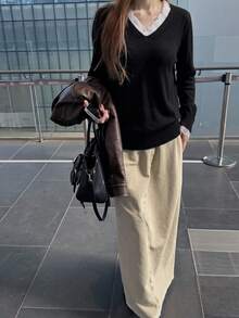 Women's Lace Trim V-Neck Top Elegant Long Sleeve Tee For Fall And Winter, Everyday Casual Outfits Perfect For Date - Black - View 2