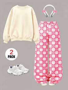 2pcs/Set Girls Outfit, Includes 1pc "MAMA'S Girl" Print Crew Neck Sweatshirt And 1pc Random Floral Plaid All-Over Print Wide Leg Pants, Suitable For Autumn/Winter Wear - Multicolor - View 3