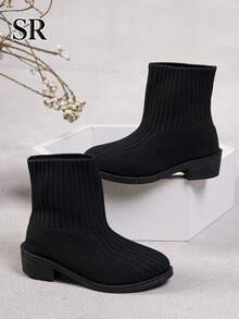 1 Pair Fashion Ribbed Knit Girls Slip-On Ankle Boots, Minimalist Solid Color Ankle Boots, Suitable For Weekend Shopping And Daily Wear - Black - View 3
