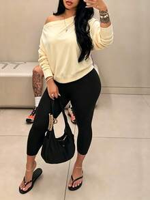 Women's Asymmetric Shoulder Sweatshirt + High-Waisted Leggings 2 Pieces Set, Long Sleeve Casual Sportswear, Slim Fit Athleisure Outfit, Halloween Party Casual Sportswear Set - Black - View 1