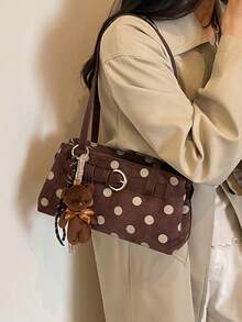 SIMUTINE 1pc Women's Vintage Versatile Classic Baguette Underarm Bag, Featuring Polka Dot Print And Leather Strap With Metal Buckle Decor, Fashionable Niche Atmosphere, Delicate Canvas Fabric, Zipper Closure, Suitable For Young Women's Spring/Autumn Commute, Date, Shopping, Daily Casual Wear (Pendant Not Included) - Coffee - View 5