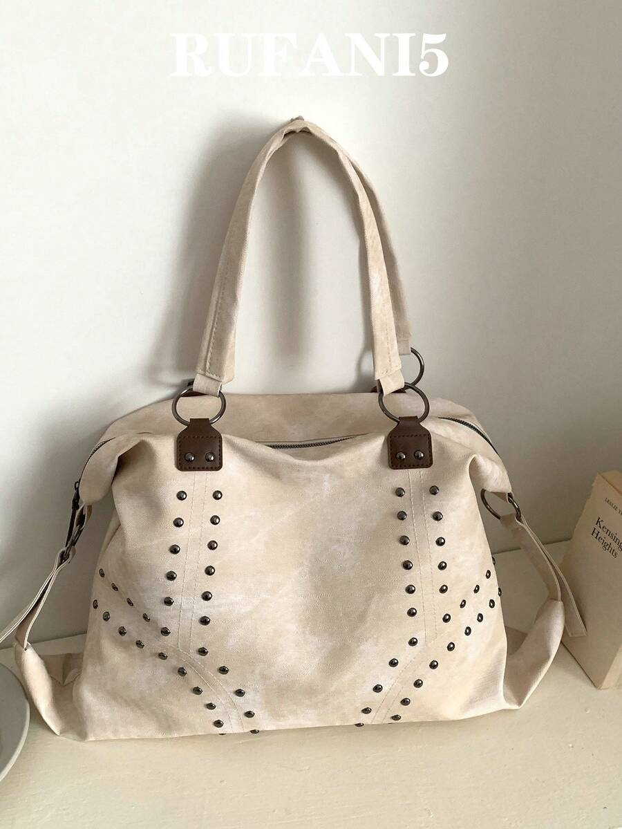 Fashion Solid Color Large Capacity Commuter Practical Handbag, Elegant Versatile Rivet Inlaid Textured Women's Shoulder Bag, Suitable For Shopping, Wallet, Shopping, Young Women, College Students, Newcomers, White-Collar Workers. They Are Perfect For Office, University, Work, Business, Commuting, Outdoor Activities, Travel And Outings